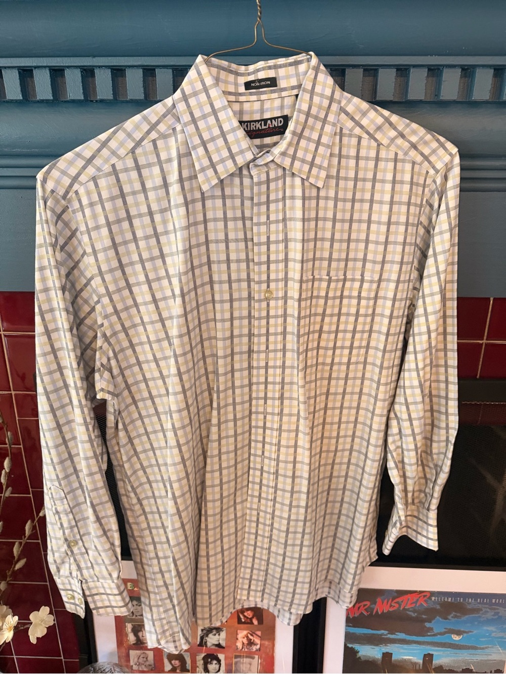 Kirkland Signature Men's White and Light Blue Plaid Dress Shirt